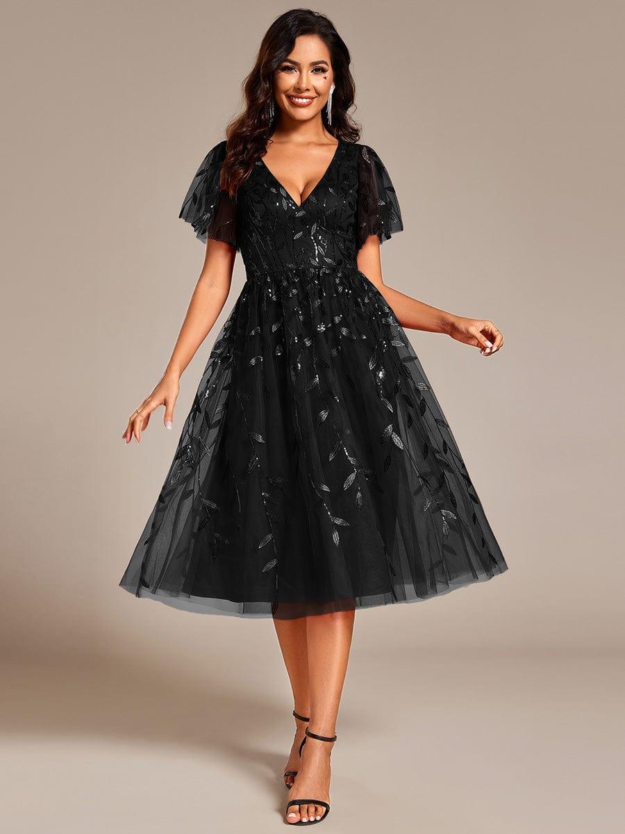 ever SIMONE|Leaf Sequin Short Sleeve Tulle Midi Wedding Guest Dress - Image 19