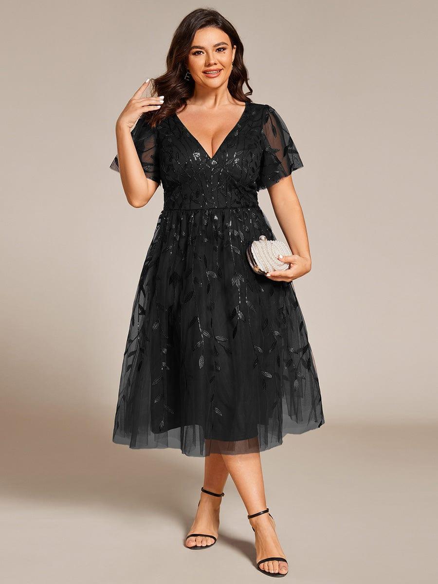 ever SIMONE|Leaf Sequin Short Sleeve Tulle Midi Wedding Guest Dress - Image 24