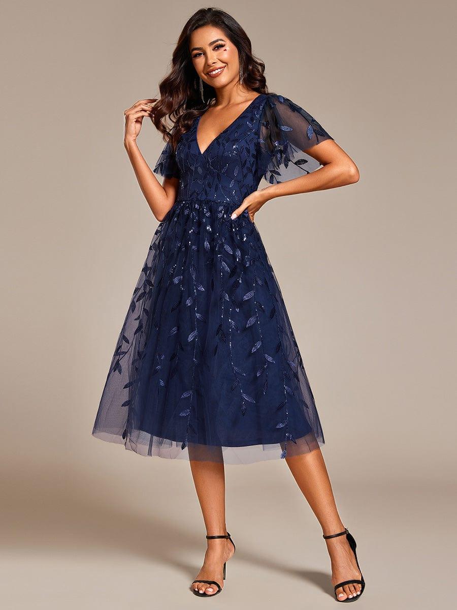 ever SIMONE|Leaf Sequin Short Sleeve Tulle Midi Wedding Guest Dress - Image 37