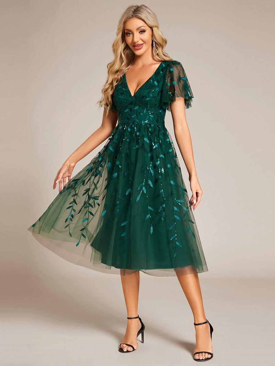 ever SIMONE|Leaf Sequin Short Sleeve Tulle Midi Wedding Guest Dress - Image 54