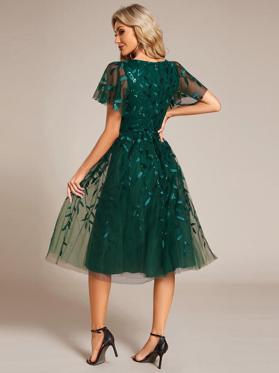 ever SIMONE|Leaf Sequin Short Sleeve Tulle Midi Wedding Guest Dress - Image 7