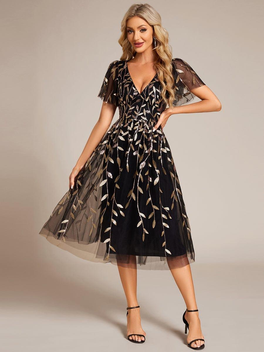 ever SIMONE|Leaf Sequin Short Sleeve Tulle Midi Wedding Guest Dress - Image 72
