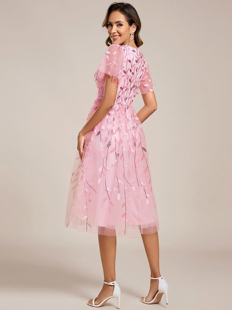 ever SIMONE|Leaf Sequin Short Sleeve Tulle Midi Wedding Guest Dress - Image 79
