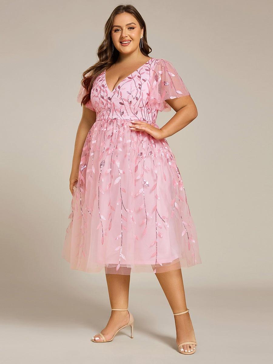 ever SIMONE|Leaf Sequin Short Sleeve Tulle Midi Wedding Guest Dress - Image 86