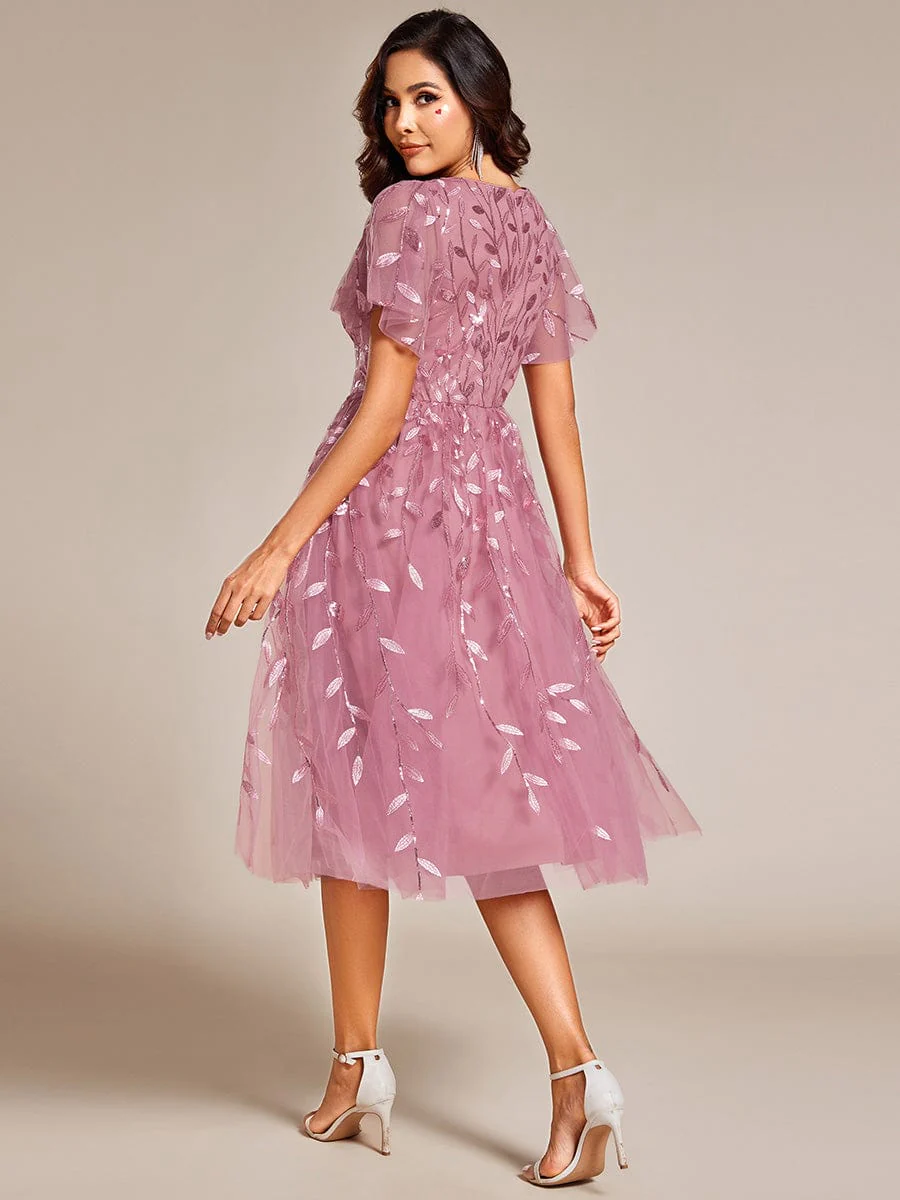 ever SIMONE|Leaf Sequin Short Sleeve Tulle Midi Wedding Guest Dress - Image 89