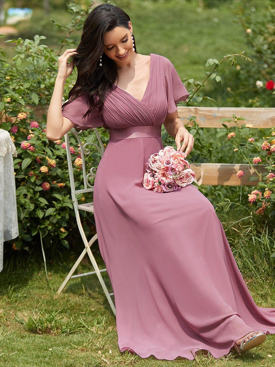 ever MONICA|Long Empire Waist Bridesmaid Dress with Short Flutter Sleeves - Image 153