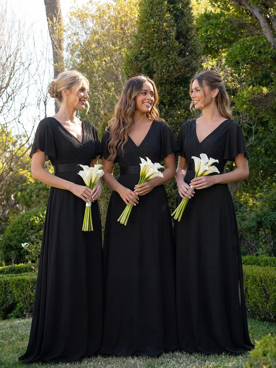 ever MONICA|Long Empire Waist Bridesmaid Dress with Short Flutter Sleeves - Image 48