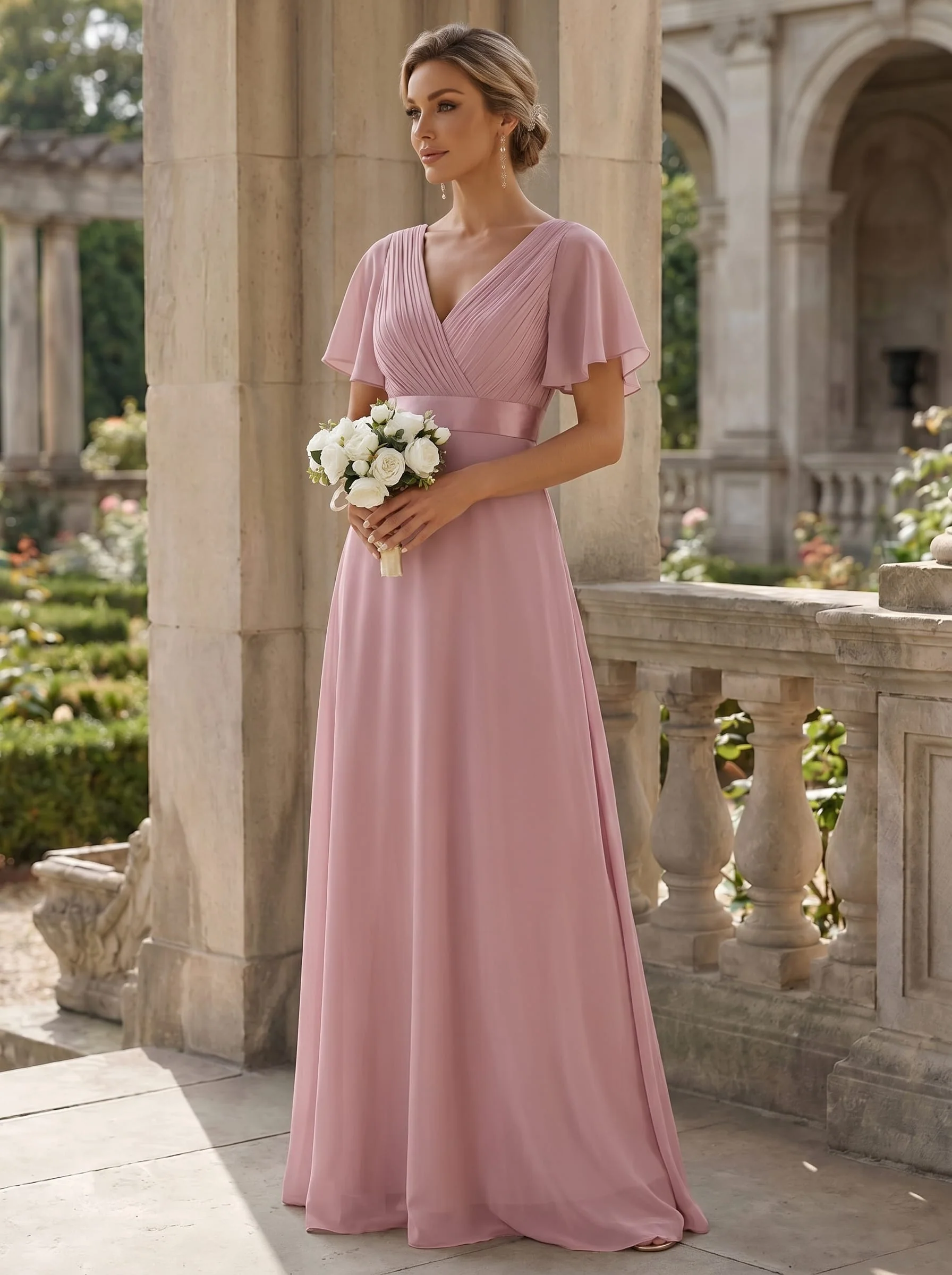 ever MONICA|Long Empire Waist Bridesmaid Dress with Short Flutter Sleeves - Image 4
