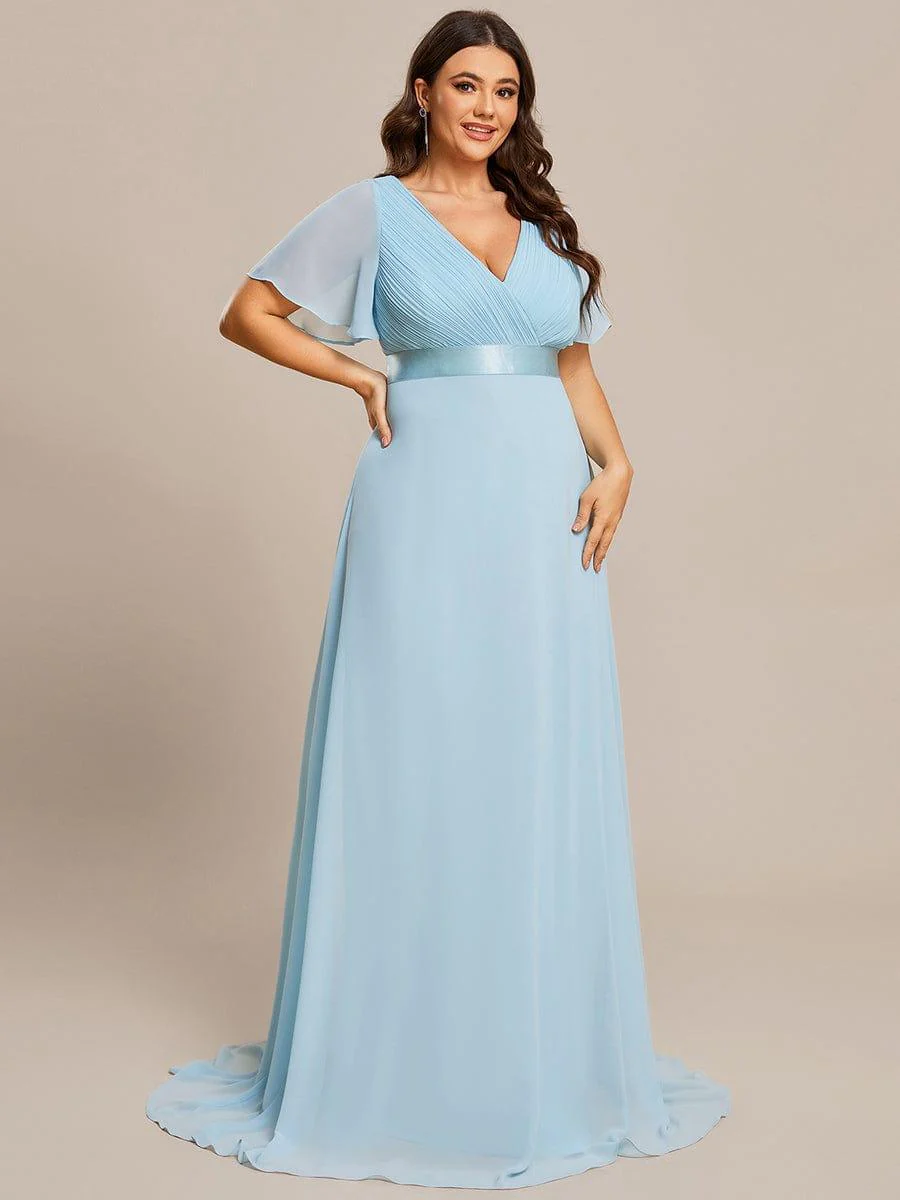 pretty MONICA|Plus Size Long Empire Waist Bridesmaid Dress with Short Flutter Sleeves - Image 123