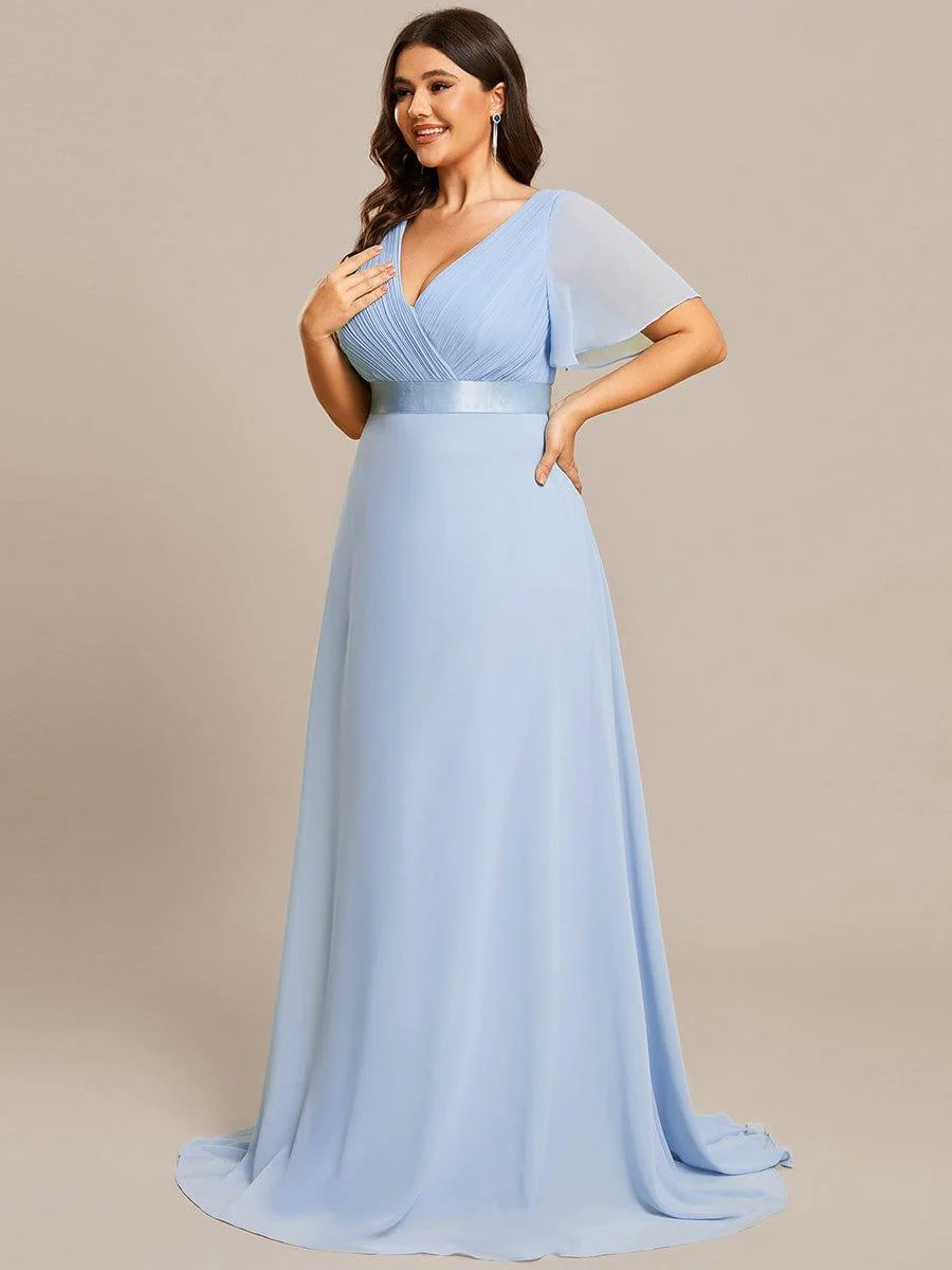 pretty MONICA|Plus Size Long Empire Waist Bridesmaid Dress with Short Flutter Sleeves - Image 140