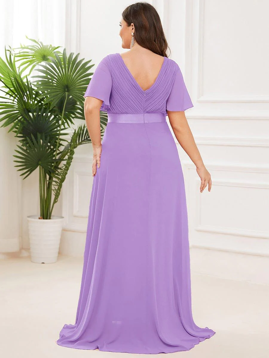 pretty MONICA|Plus Size Long Empire Waist Bridesmaid Dress with Short Flutter Sleeves - Image 148