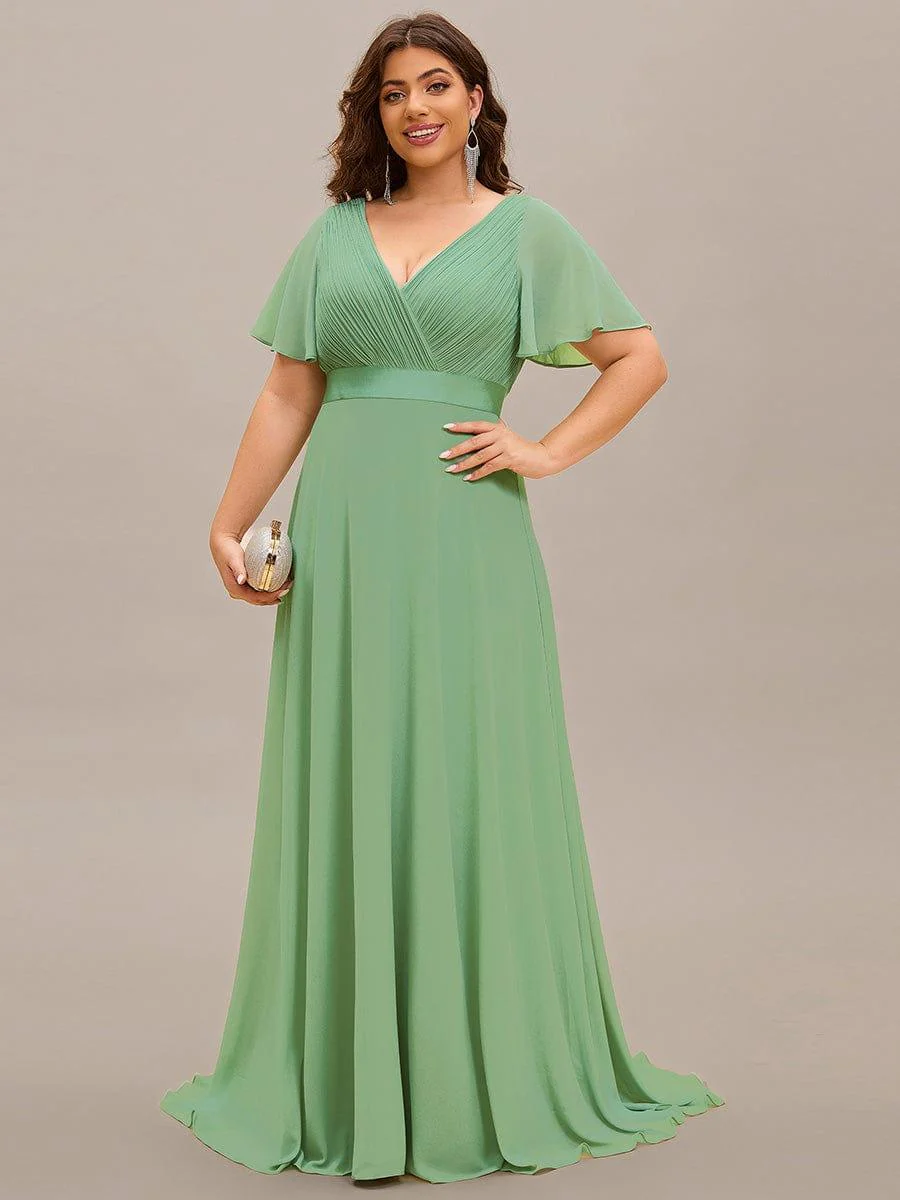 pretty MONICA|Plus Size Long Empire Waist Bridesmaid Dress with Short Flutter Sleeves - Image 166