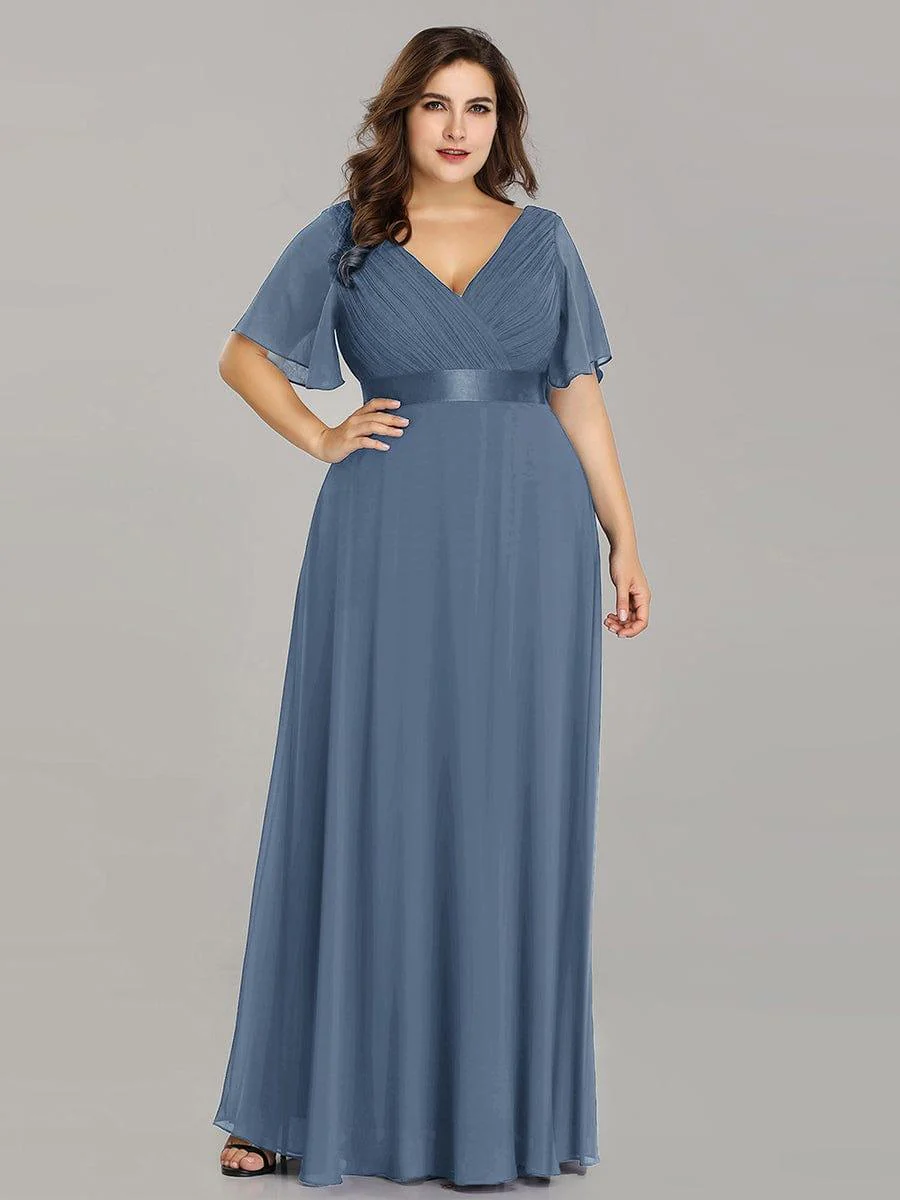 pretty MONICA|Plus Size Long Empire Waist Bridesmaid Dress with Short Flutter Sleeves - Image 177