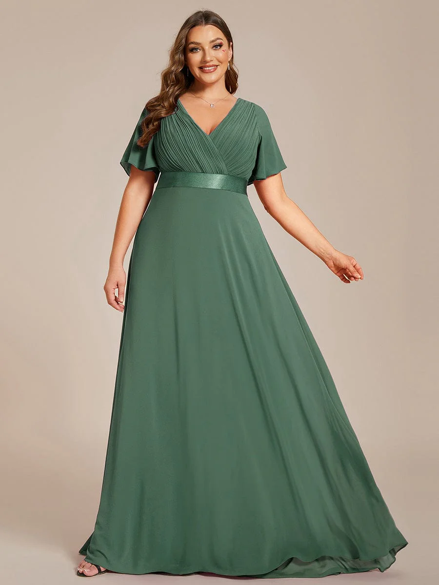 pretty MONICA|Plus Size Long Empire Waist Bridesmaid Dress with Short Flutter Sleeves - Image 187