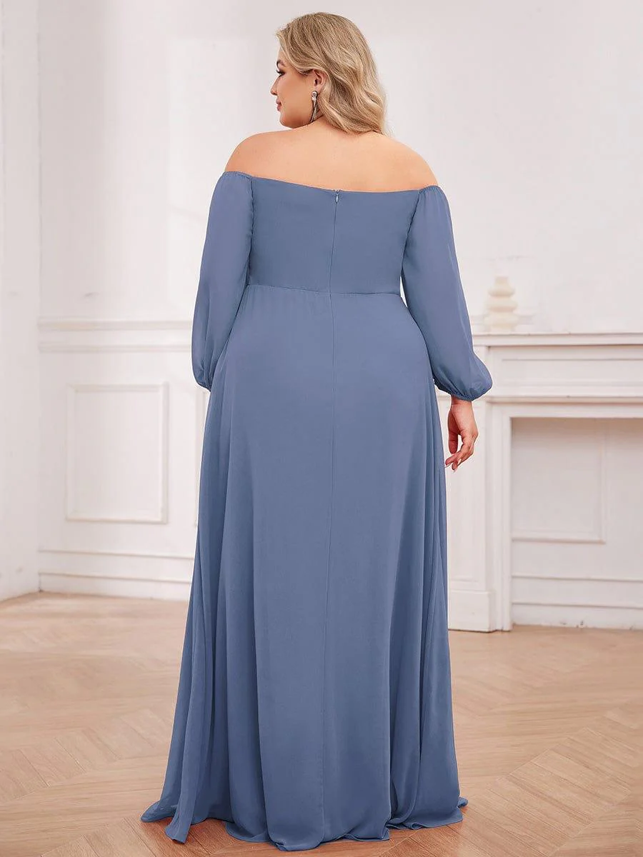 ever DANICA|Long Sleeve Chiffon Off Shoulder Dresses with High Slit in Dusty Blue - Image 7