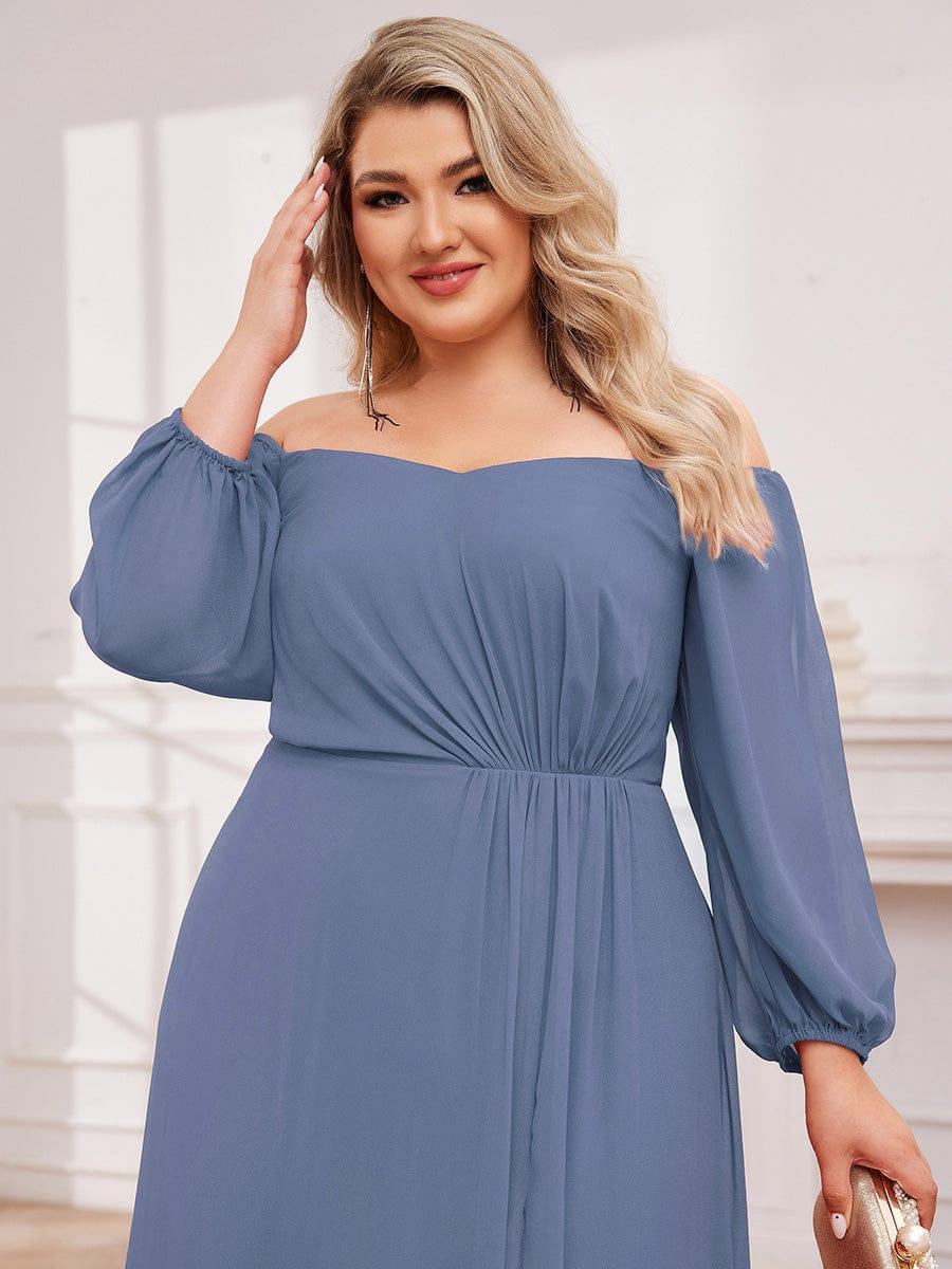 ever DANICA|Long Sleeve Chiffon Off Shoulder Dresses with High Slit in Dusty Blue - Image 8