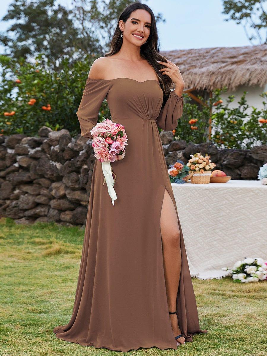 ever DANICA|Long Sleeve Chiffon Off Shoulder Wedding Guest Dresses with High Slit - Image 55