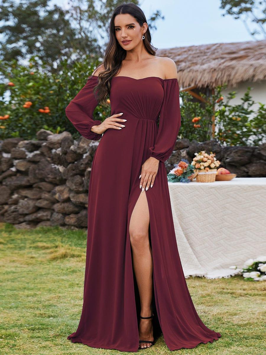 ever DANICA|Long Sleeve Chiffon Off Shoulder Wedding Guest Dresses with High Slit - Image 7