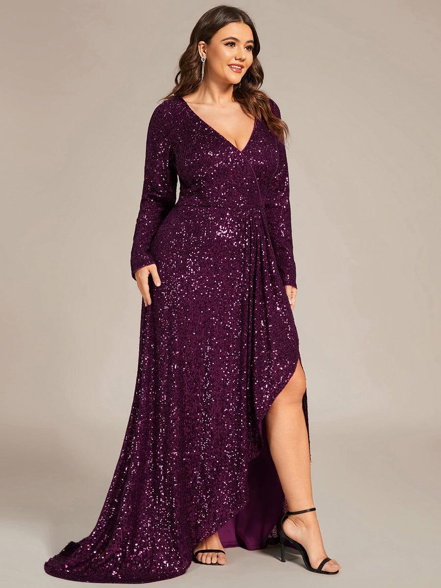 ever SYREN|Long Sleeve V-neck Asymmetrical Hem Sequin Evening Dress(Final Sale) - Image 37