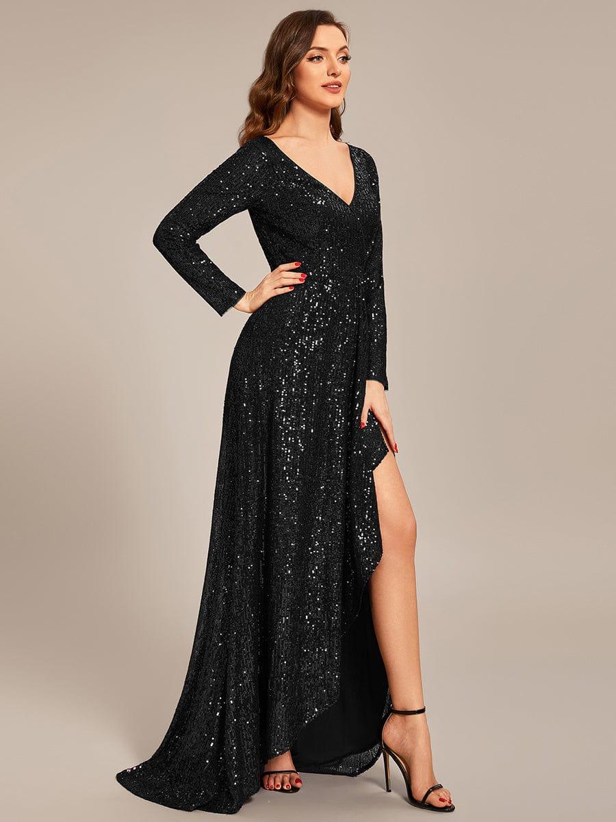 ever SYREN|Long Sleeve V-neck Asymmetrical Hem Sequin Evening Dress(Final Sale) - Image 7