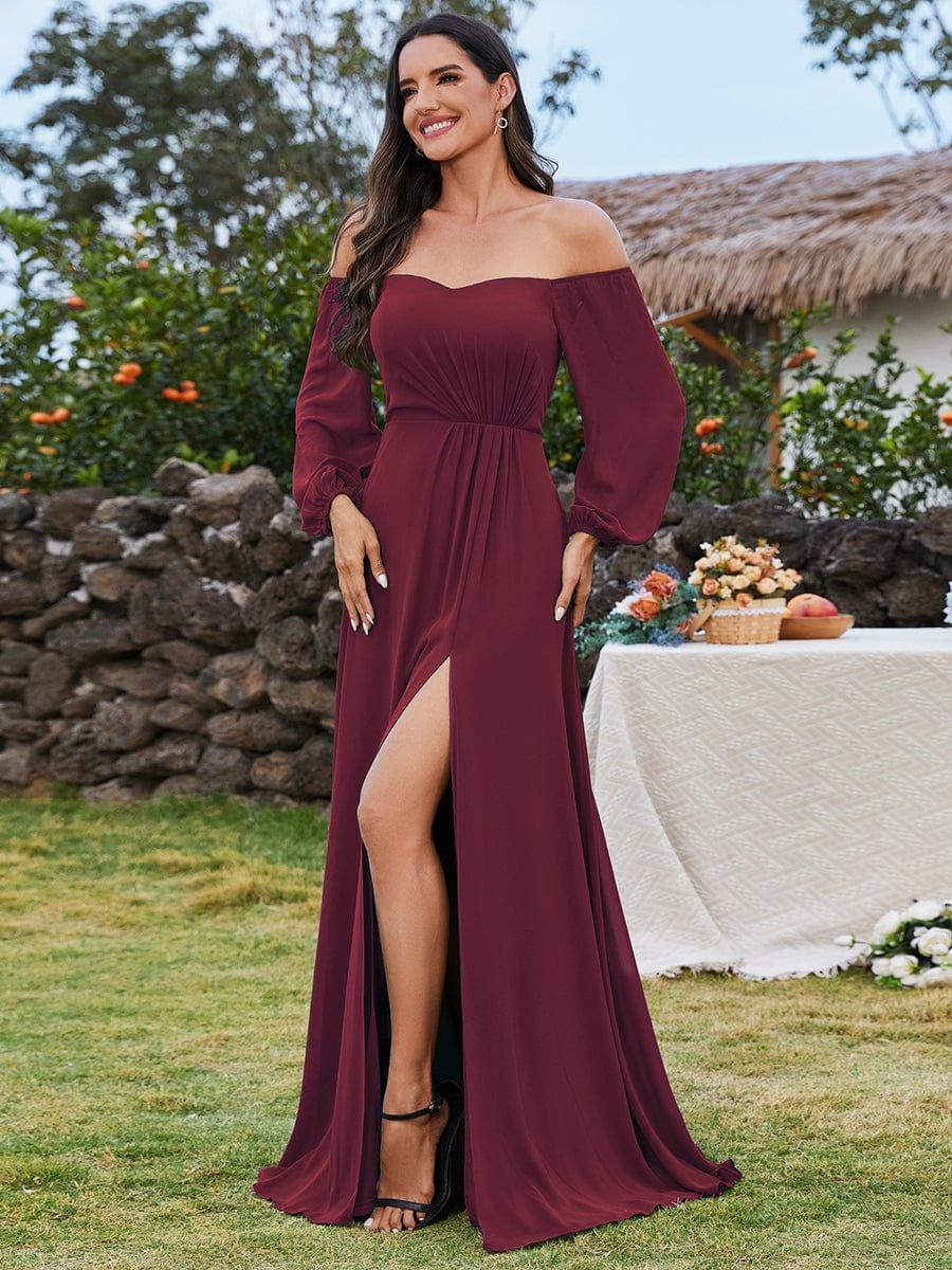 ever DANICA|Long Sleeve Chiffon Off Shoulder Bridesmaid Dresses with High Slit - Image 7