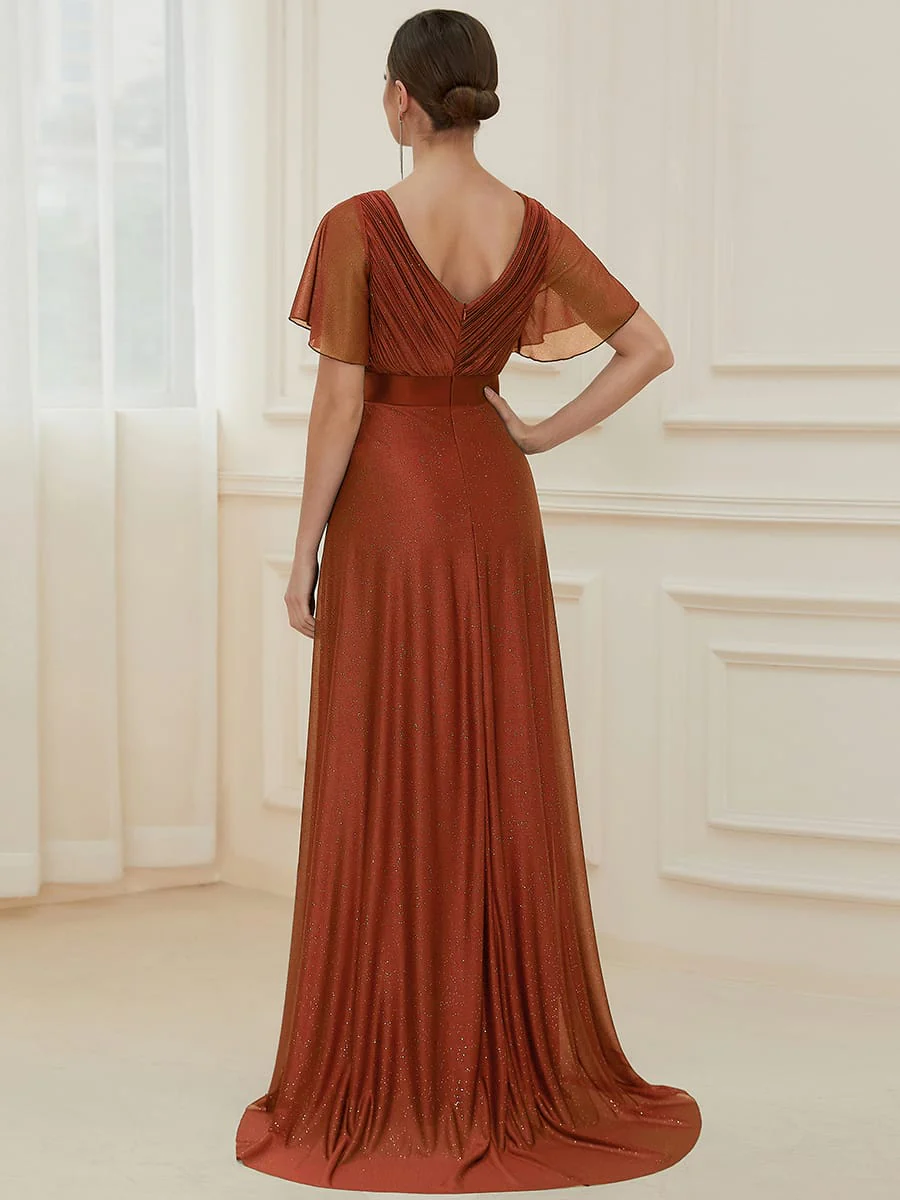 ever LIORÉ|Long Shimmery Flutter Sleeve Pleated V-Neck Evening Dress - Image 123