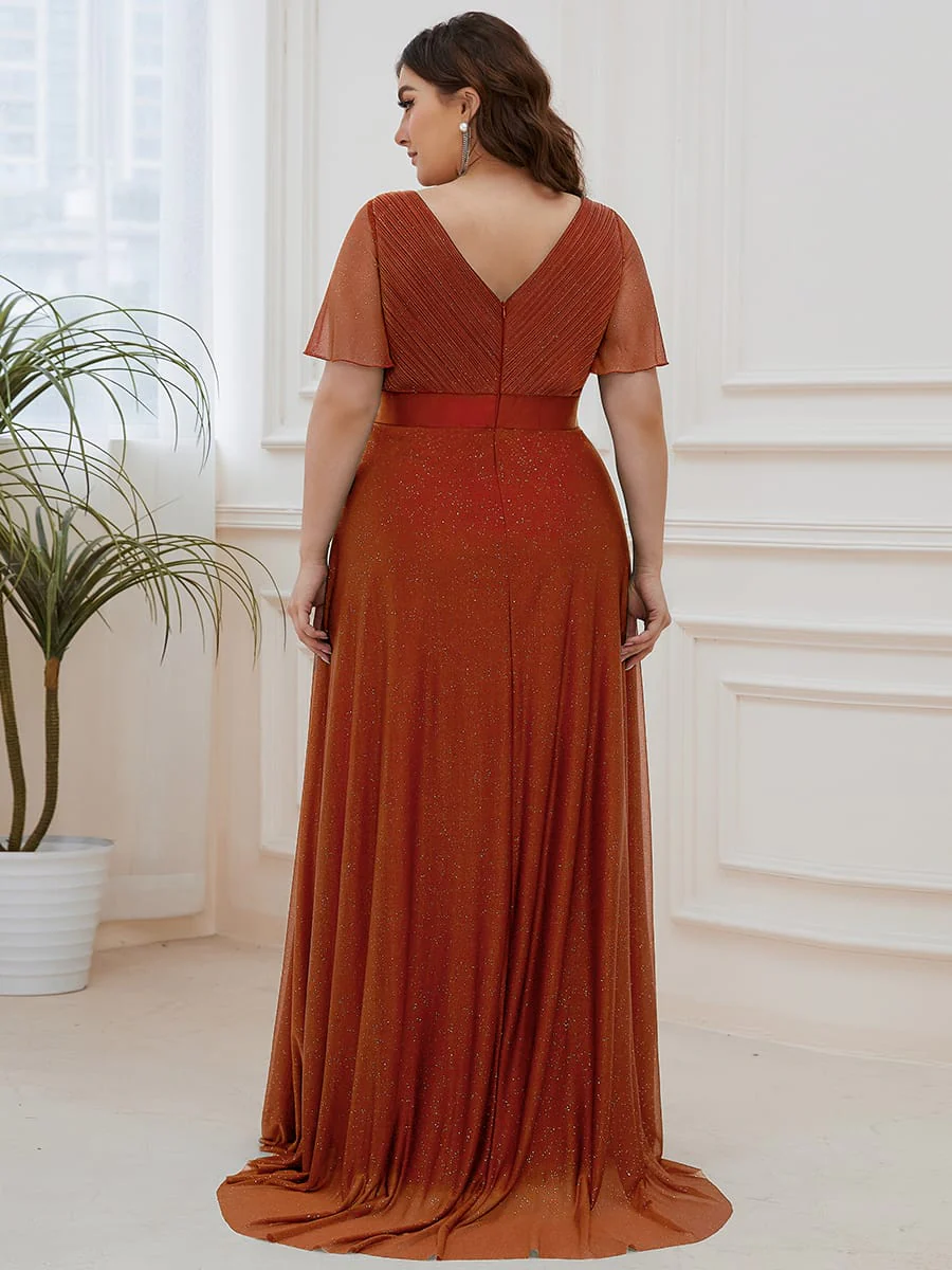 ever LIORÉ|Long Shimmery Flutter Sleeve Pleated V-Neck Evening Dress - Image 128