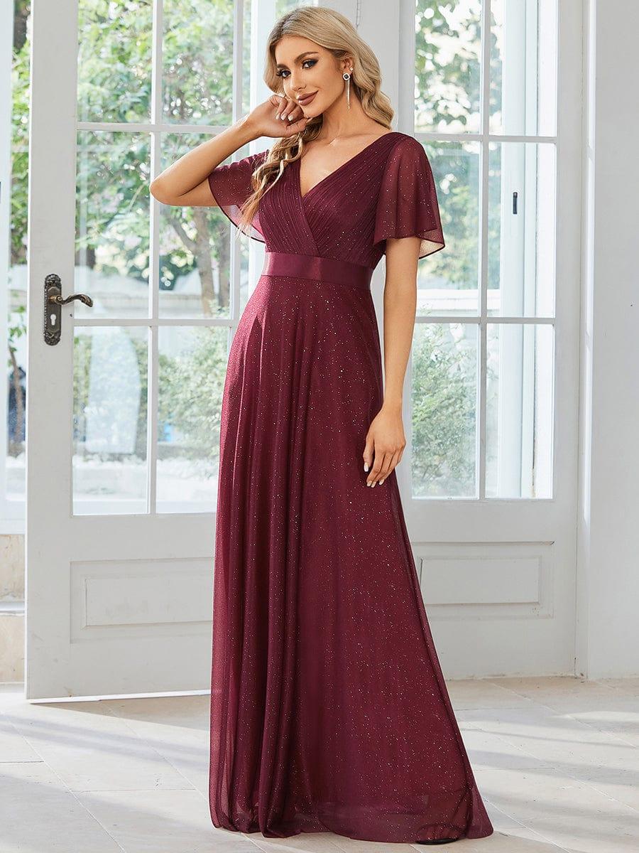 ever LIORÉ|Long Shimmery Flutter Sleeve Pleated V-Neck Evening Dress - Image 3