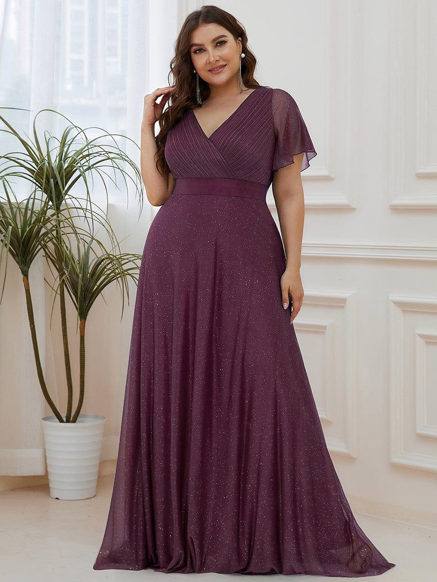 ever LIORÉ|Long Shimmery Flutter Sleeve Pleated V-Neck Evening Dress - Image 45