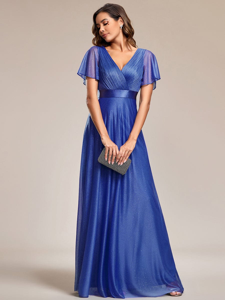 ever LIORÉ|Long Shimmery Flutter Sleeve Pleated V-Neck Evening Dress - Image 86