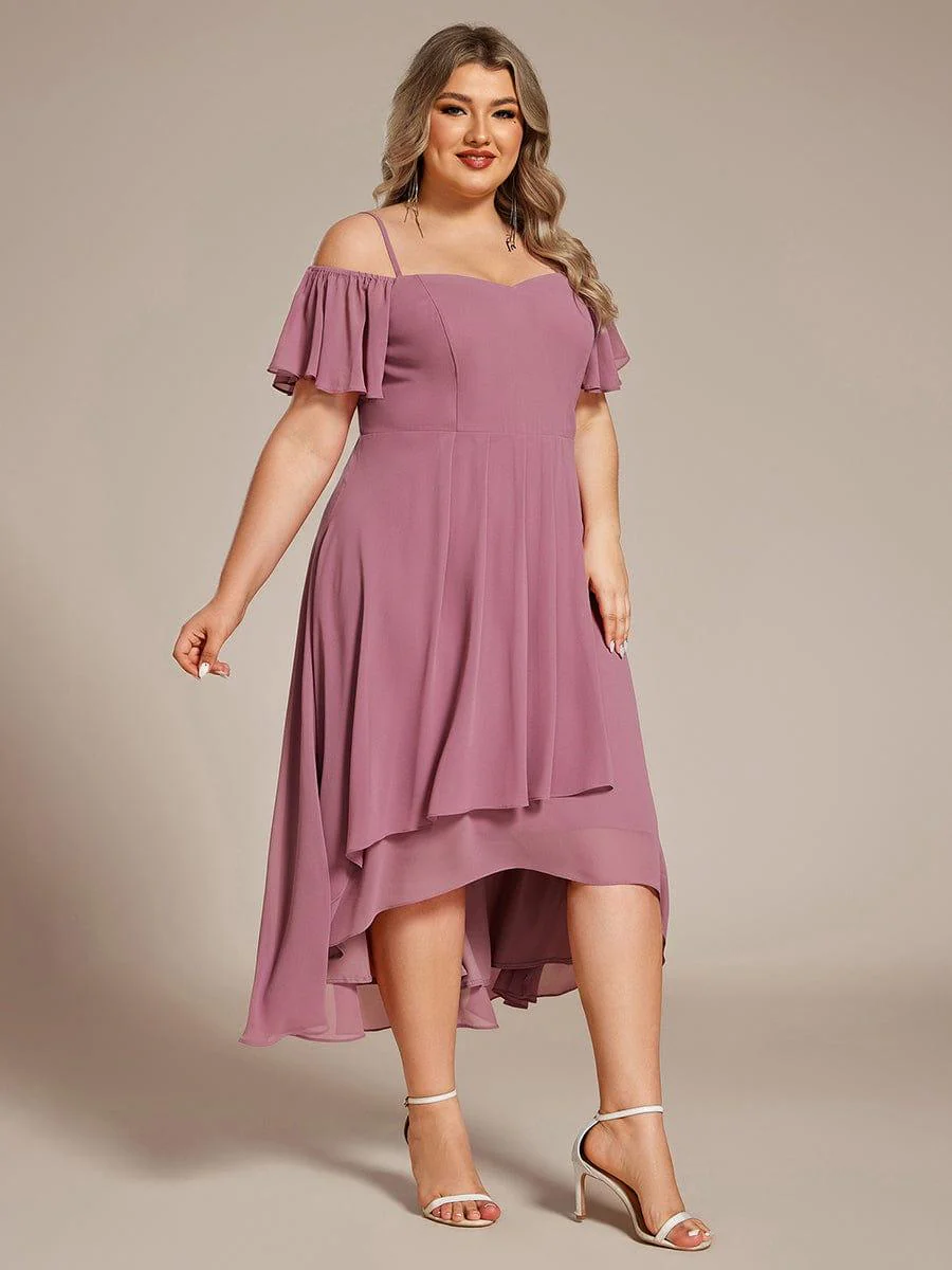 ever JORDANE|Off-Shoulder High-Low Chiffon Bridesmaid Dresses with Short Sleeves - Image 31