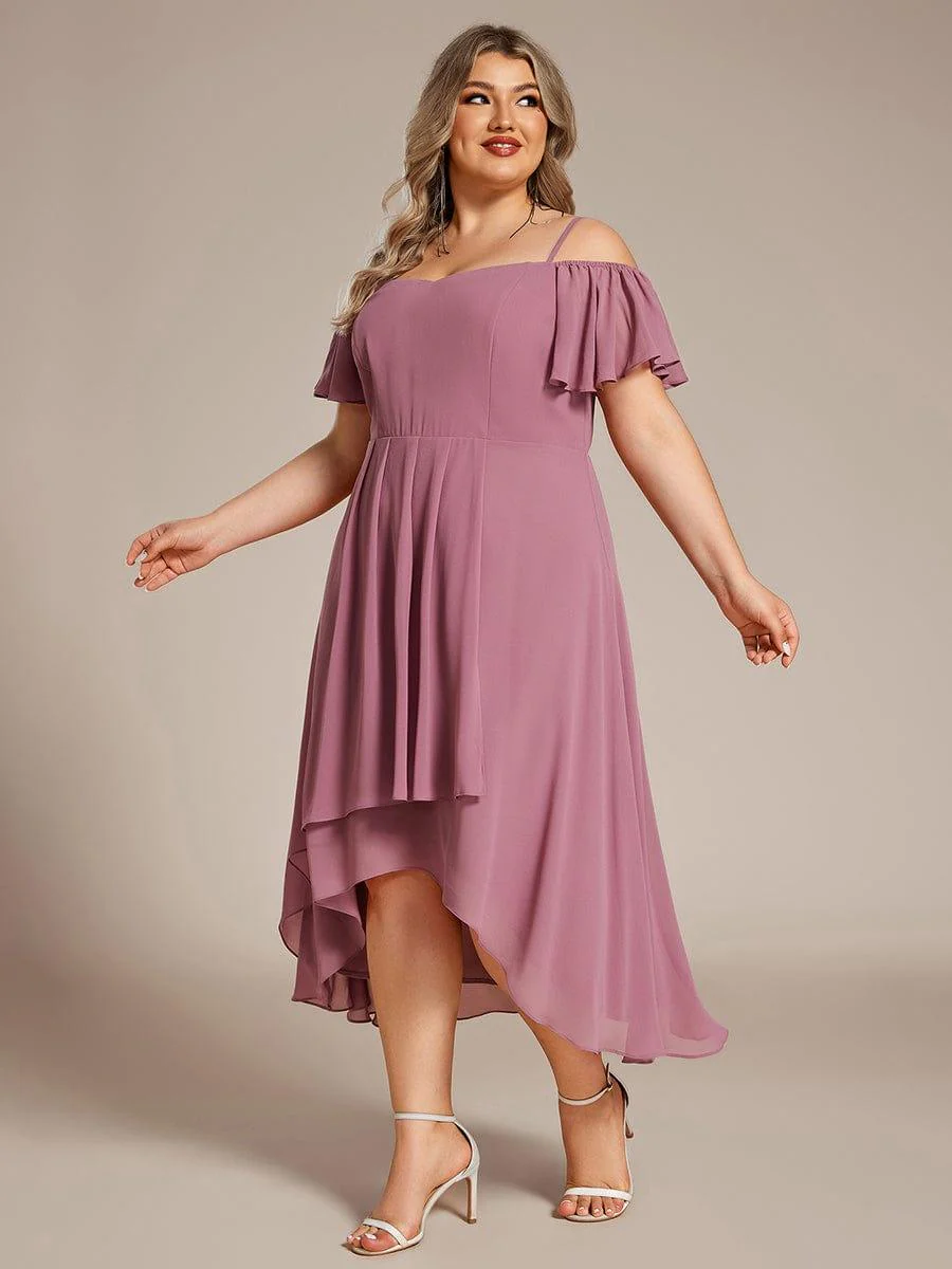 ever JORDANE|Off-Shoulder High-Low Chiffon Bridesmaid Dresses with Short Sleeves - Image 34