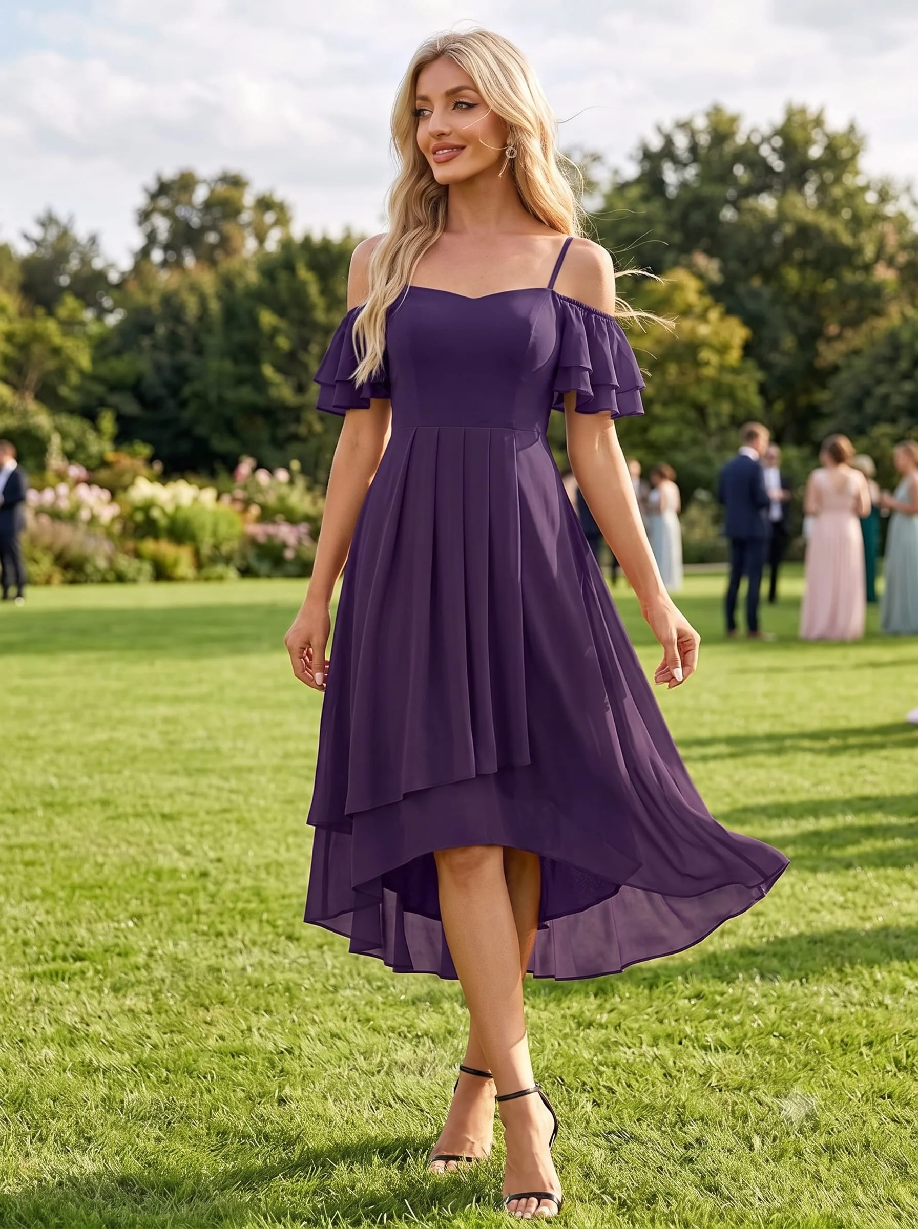 ever JORDANE|Off-Shoulder High-Low Chiffon Wedding Guest Dresses with Short Sleeves - Image 50
