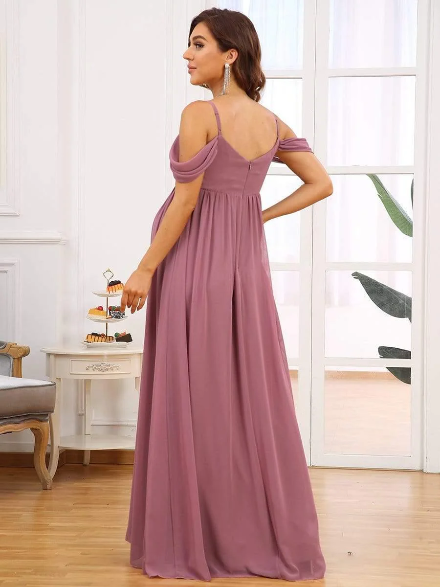 Off The Shoulder Spaghetti Straps Solid Maxi Maternity Dress - Image 7