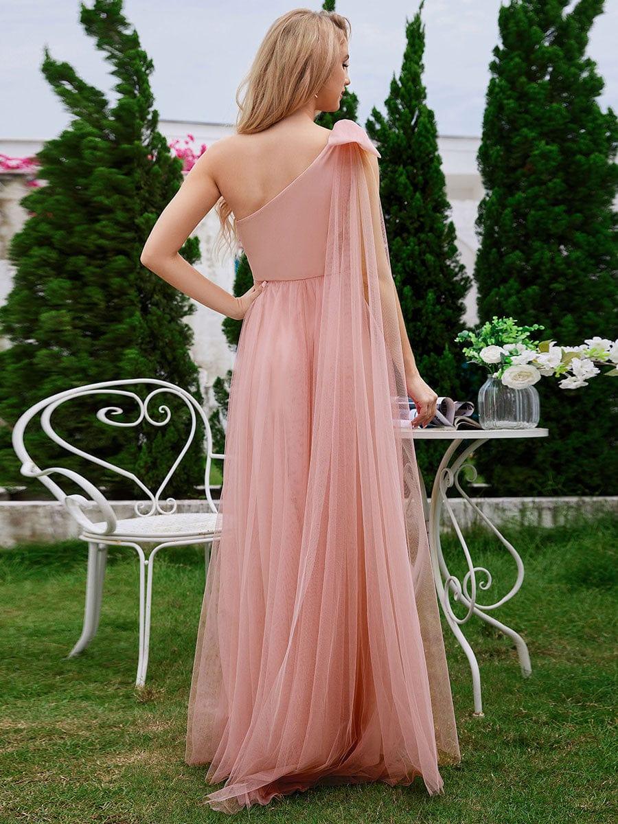 One Shoulder Streamer A-Line Tulle Maxi Bridesmaid Dress with Bowknot - Image 12
