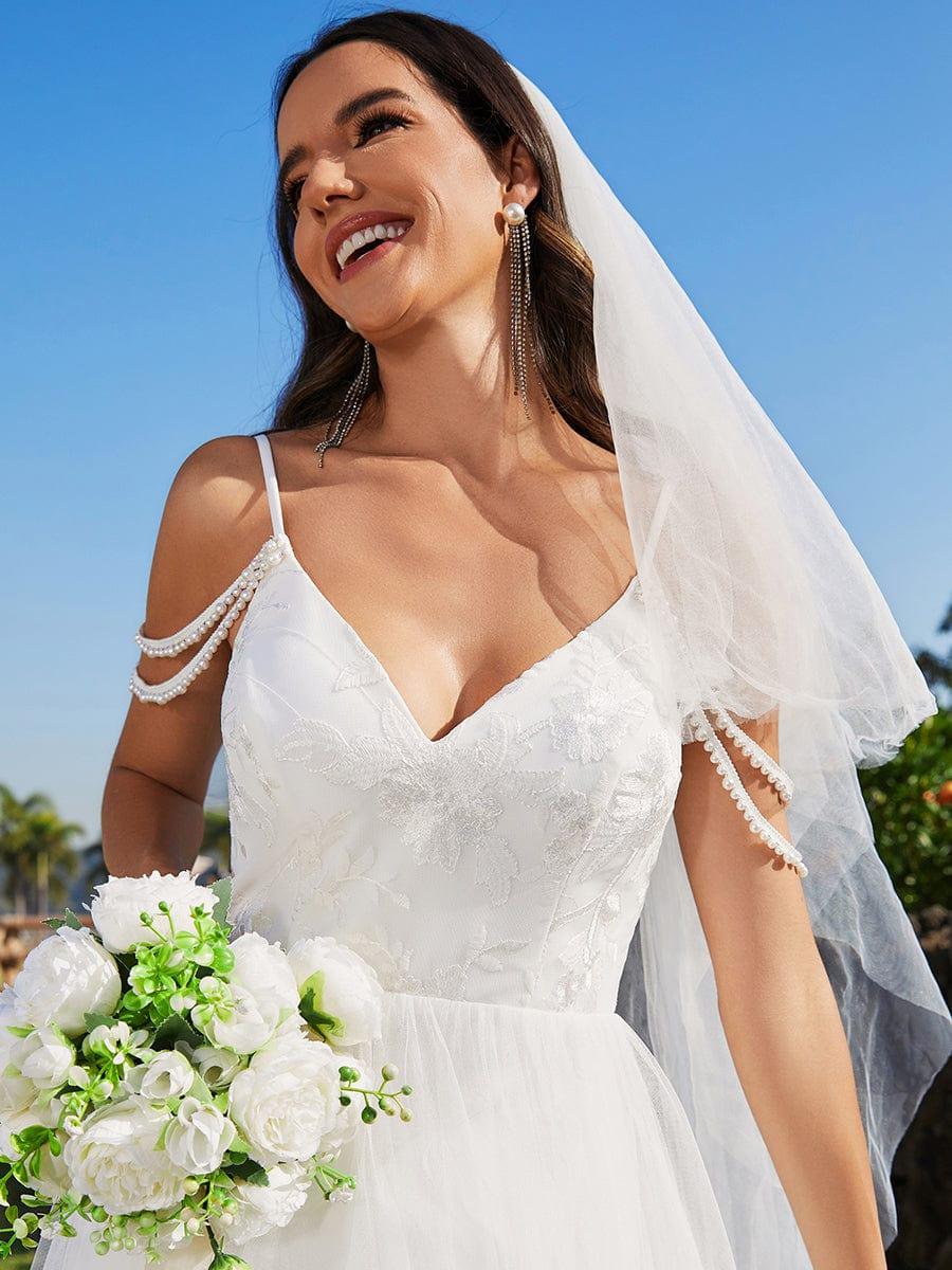 Pearl shoulder strap V-Neck Embroidered Wedding Dress with A-Line - Image 3