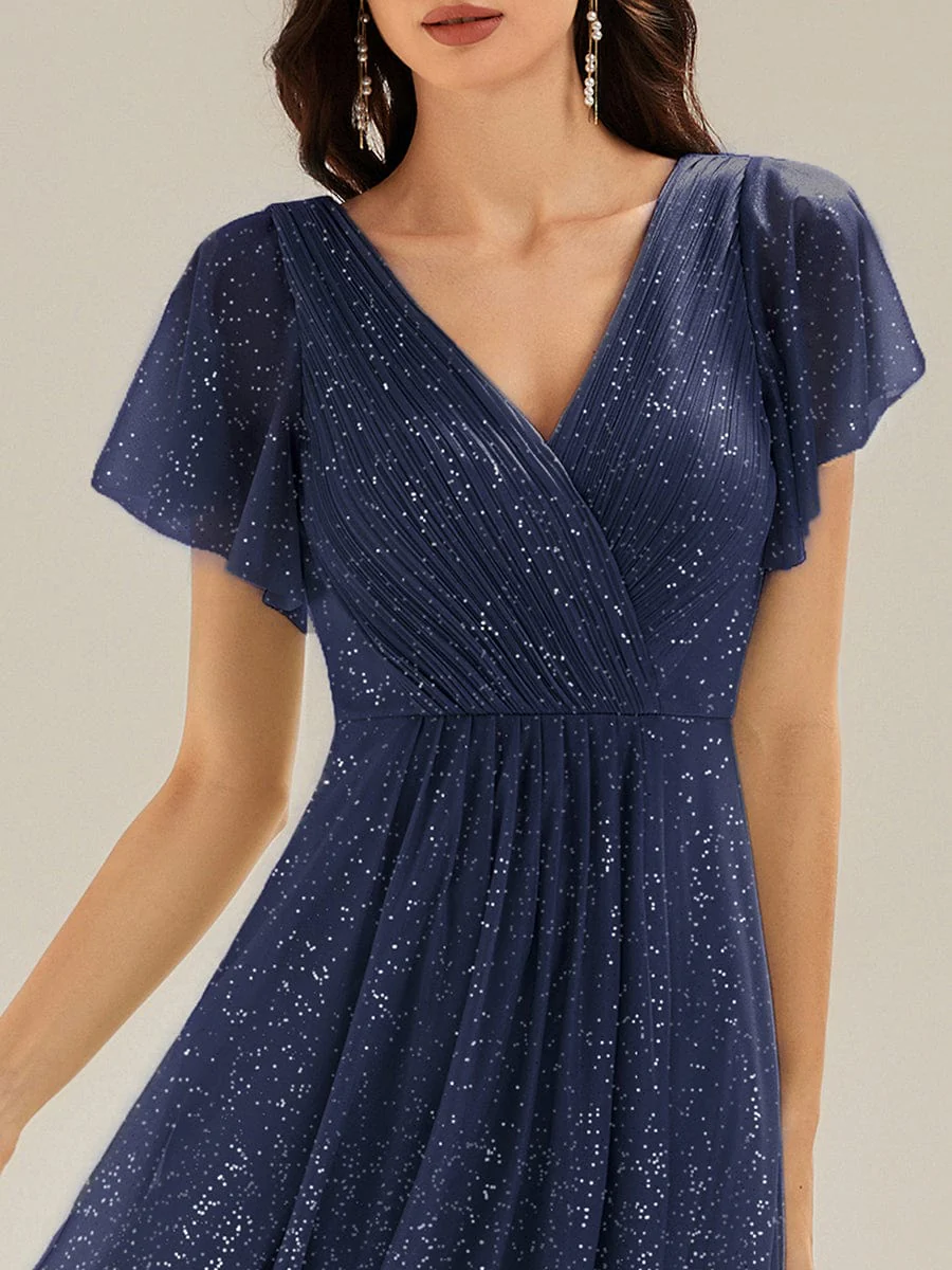 ever MIA|Pleated Glitter Ruffle Sleeve Wedding Guest Dress - Image 11