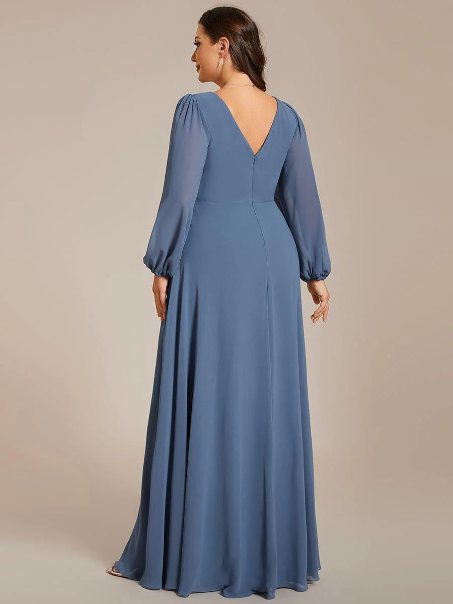 ever ESMÉE|Pleated Double V-Neck Long Sleeves Shiny Belt Chiffon Mother of the Bride Dress - Image 18