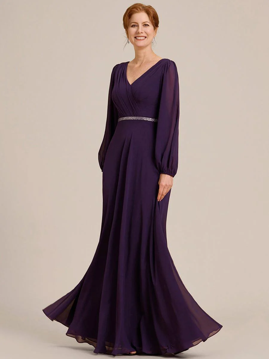 ever ESMÉE|Pleated Double V-Neck Long Sleeves Shiny Belt Chiffon Mother of the Bride Dress - Image 21