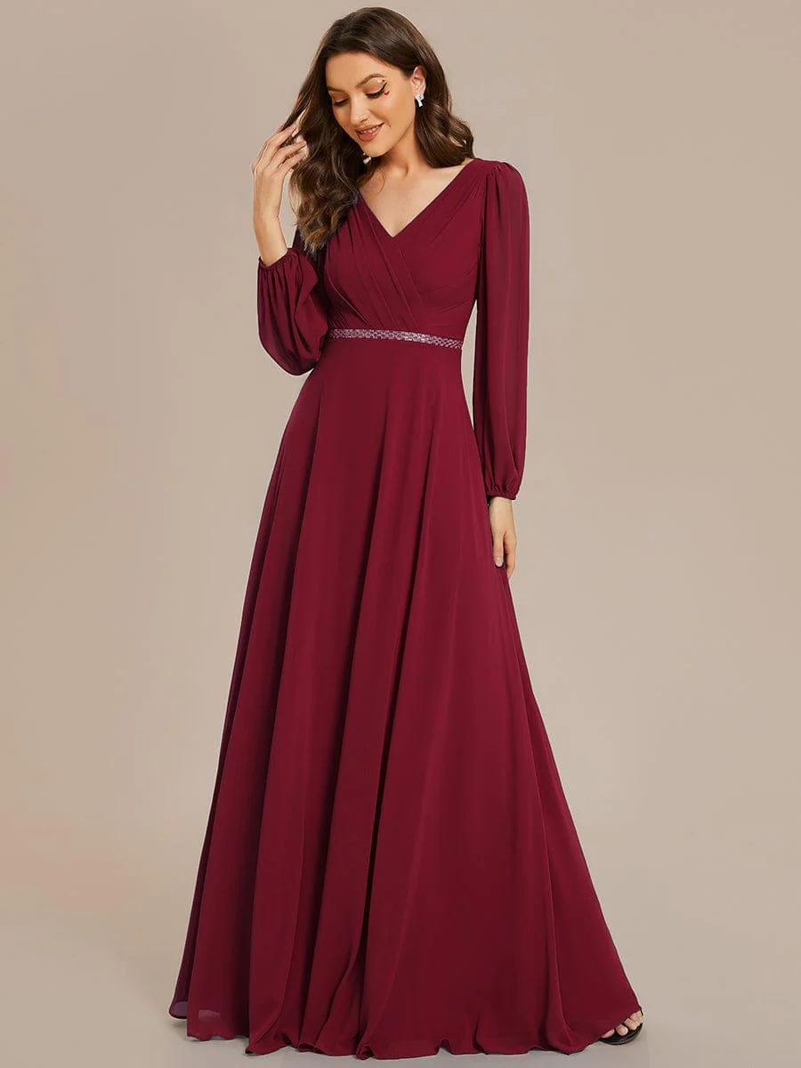 ever ESMÉE|Pleated Double V-Neck Long Sleeves Shiny Belt Chiffon Mother of the Bride Dress - Image 41