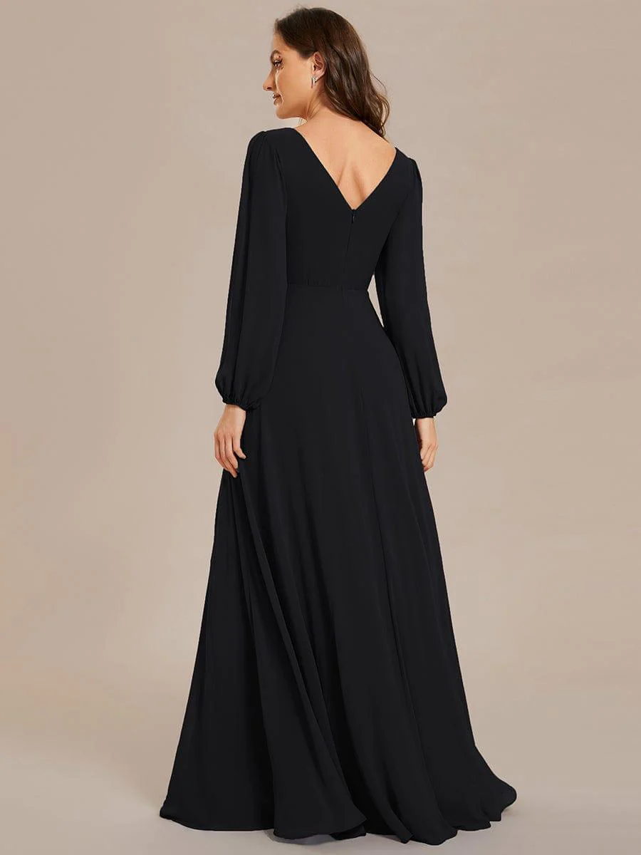 ever ESMÉE|Pleated Double V-Neck Long Sleeves Shiny Belt Chiffon Mother of the Bride Dress - Image 50