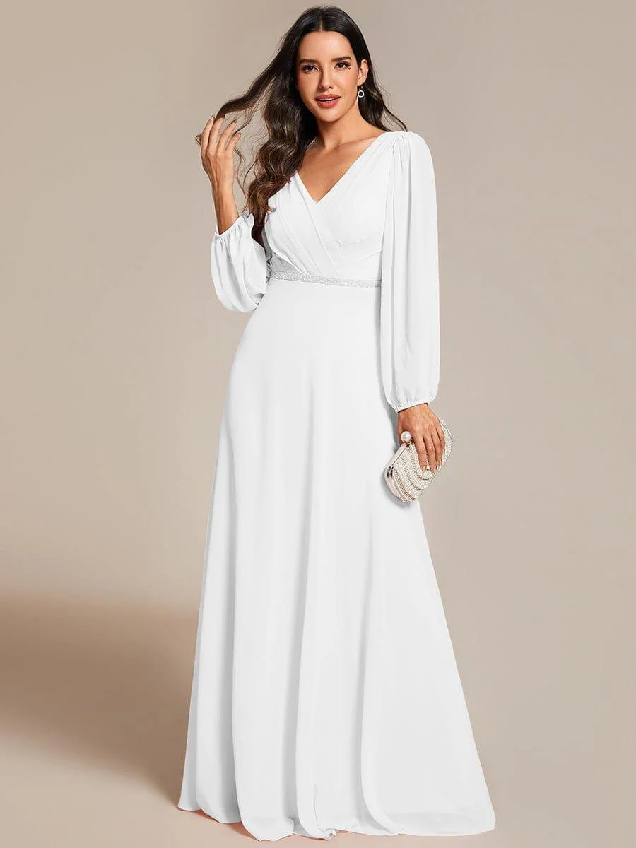 ever ESMÉE|Pleated Double V-Neck Long Sleeves Shiny Belt Chiffon Mother of the Bride Dress - Image 57