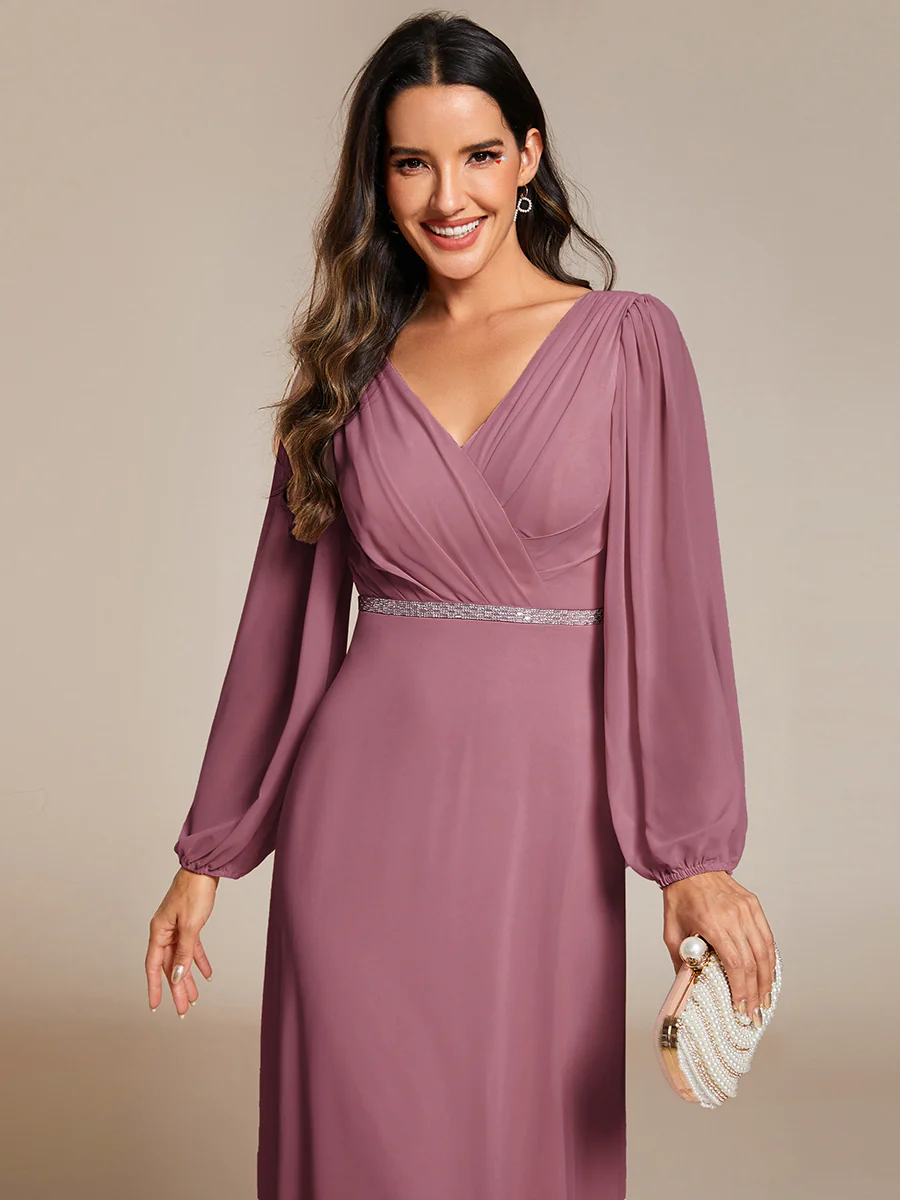 ever ESMÉE|Pleated Double V-Neck Long Sleeves Shiny Belt Chiffon Mother of the Bride Dress - Image 77