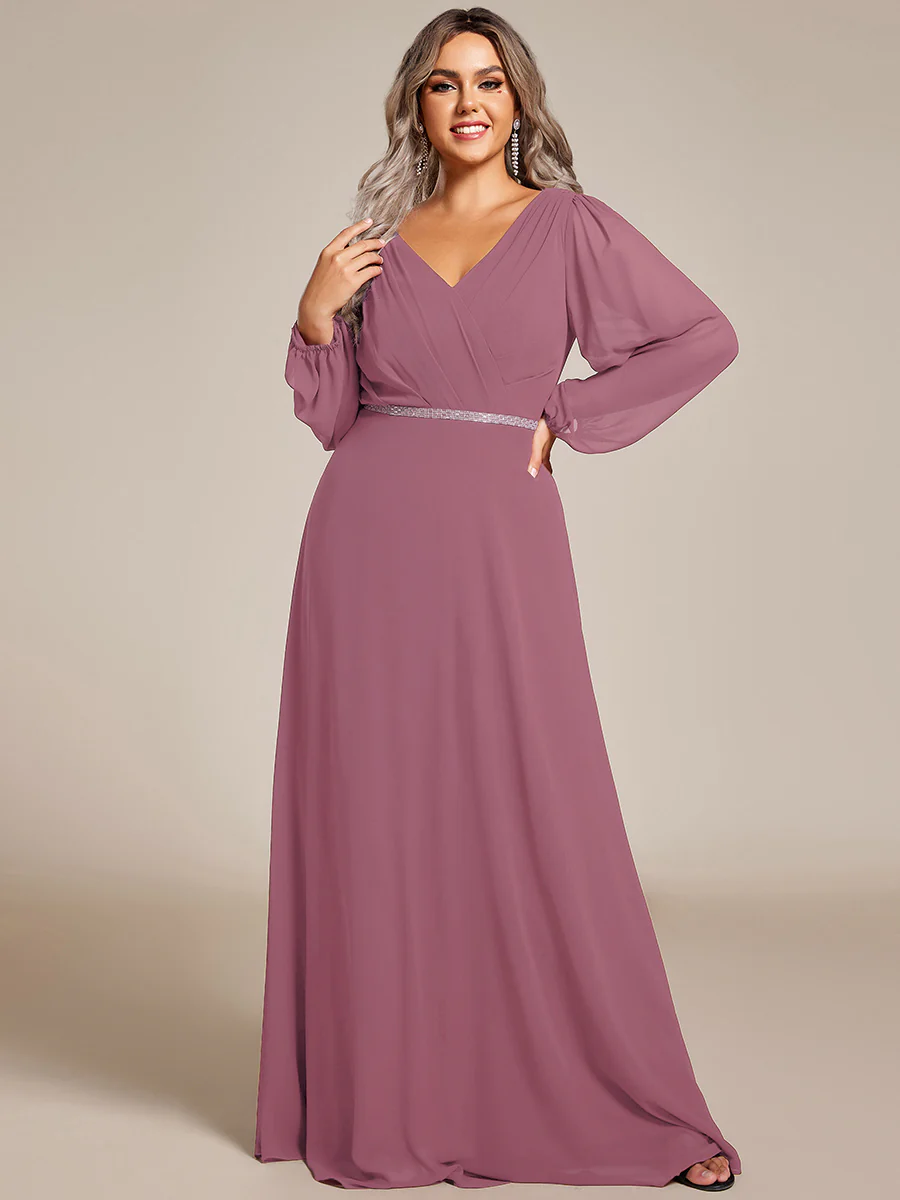 ever ESMÉE|Pleated Double V-Neck Long Sleeves Shiny Belt Chiffon Mother of the Bride Dress - Image 80