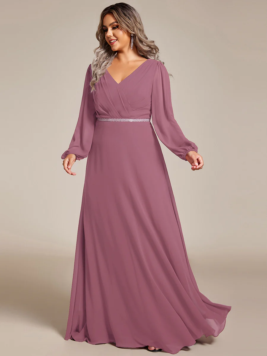 ever ESMÉE|Pleated Double V-Neck Long Sleeves Shiny Belt Chiffon Mother of the Bride Dress - Image 84
