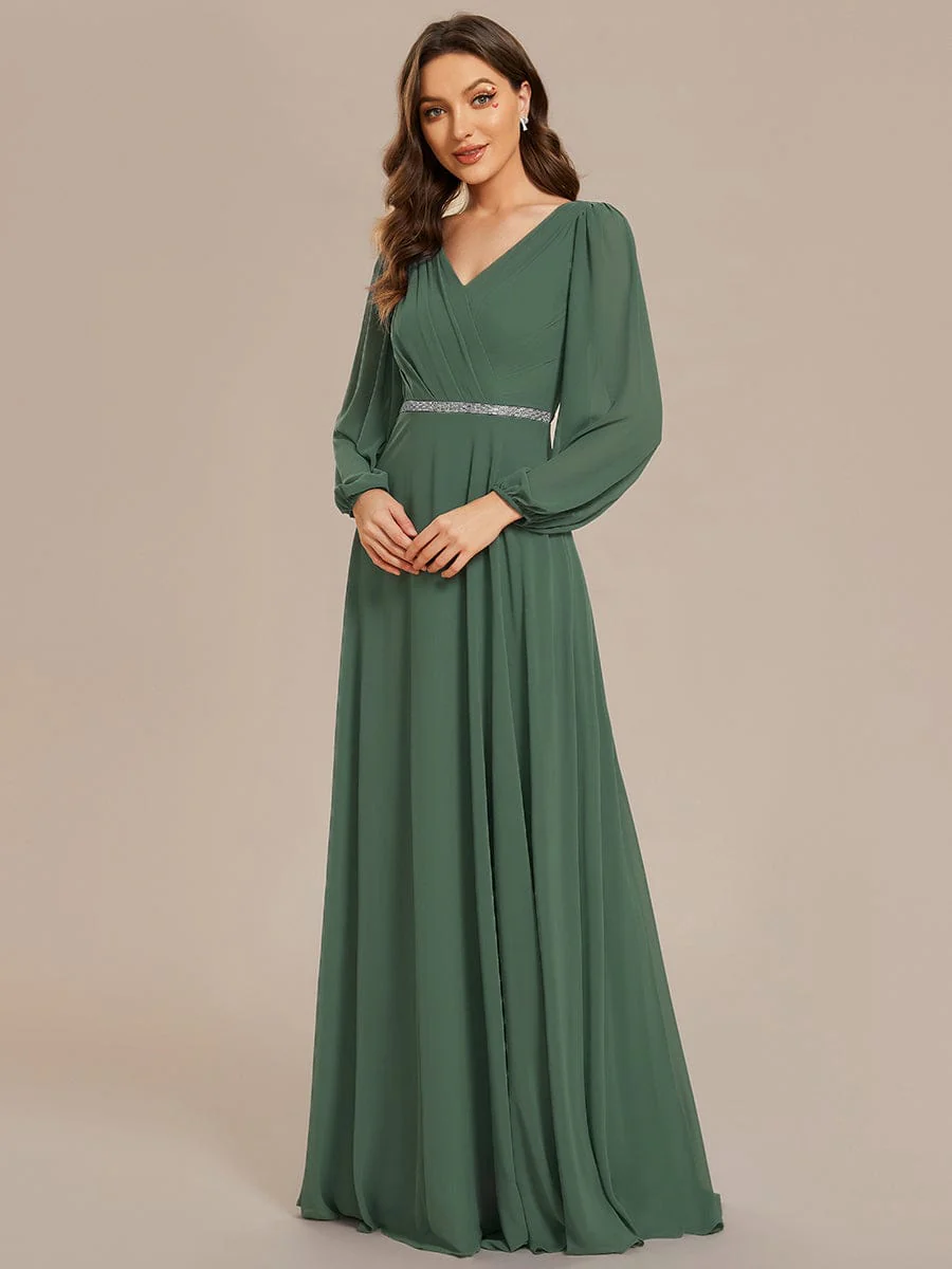 ever ESMÉE|Pleated Double V-Neck Long Sleeves Shiny Belt Chiffon Mother of the Bride Dress - Image 88