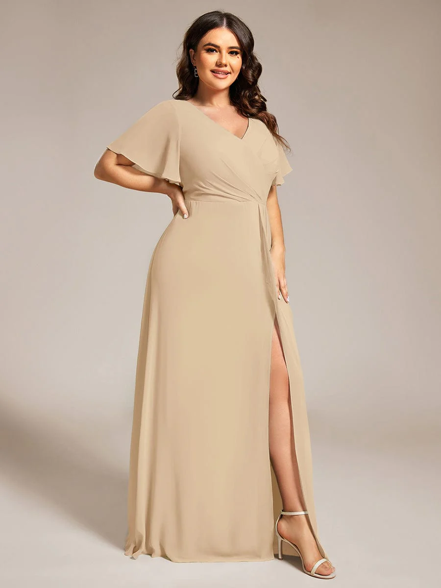 pretty LINDEN|Plus Size A-Line Ruffle Sleeves High Slit Chiffon Bridesmaid Dress - Image 43