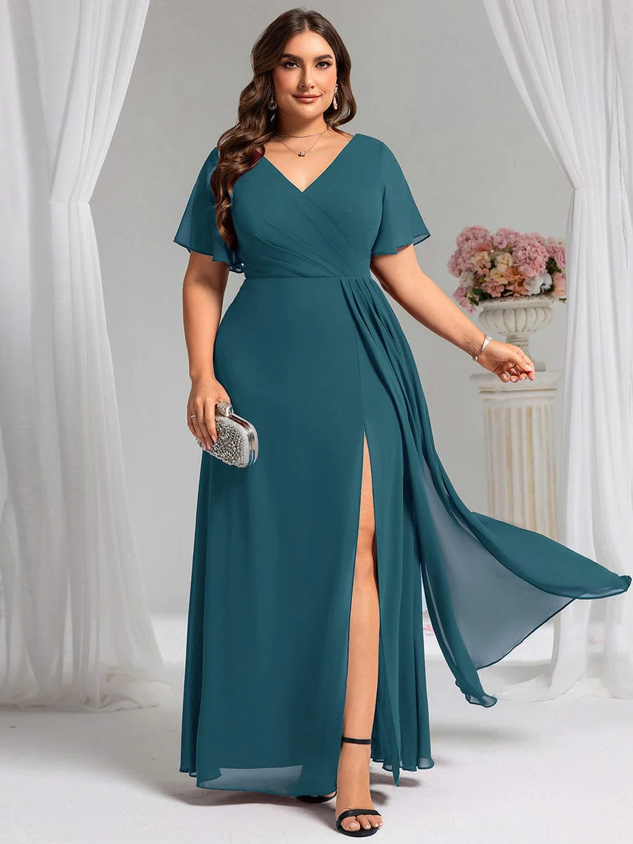 pretty LINDEN|Plus Size A-Line Ruffle Sleeves High Slit Chiffon Bridesmaid Dress - Image 54