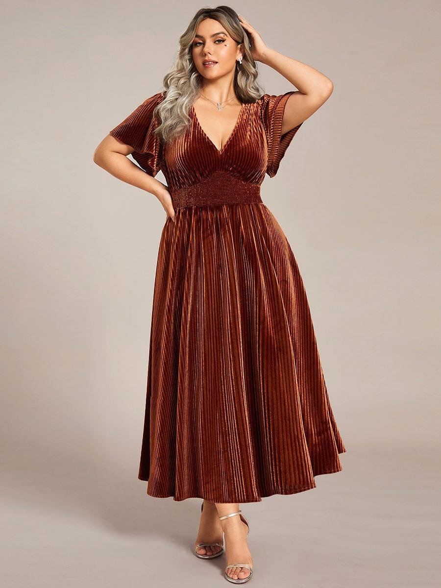 pretty AZALEA|Plus Size A-line V-Neck Short Sleeve Velvet Wedding Guest Dress - Image 3