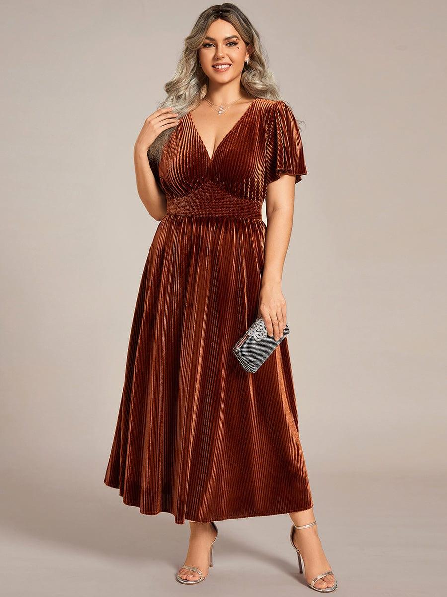 pretty AZALEA|Plus Size A-line V-Neck Short Sleeve Velvet Wedding Guest Dress - Image 6